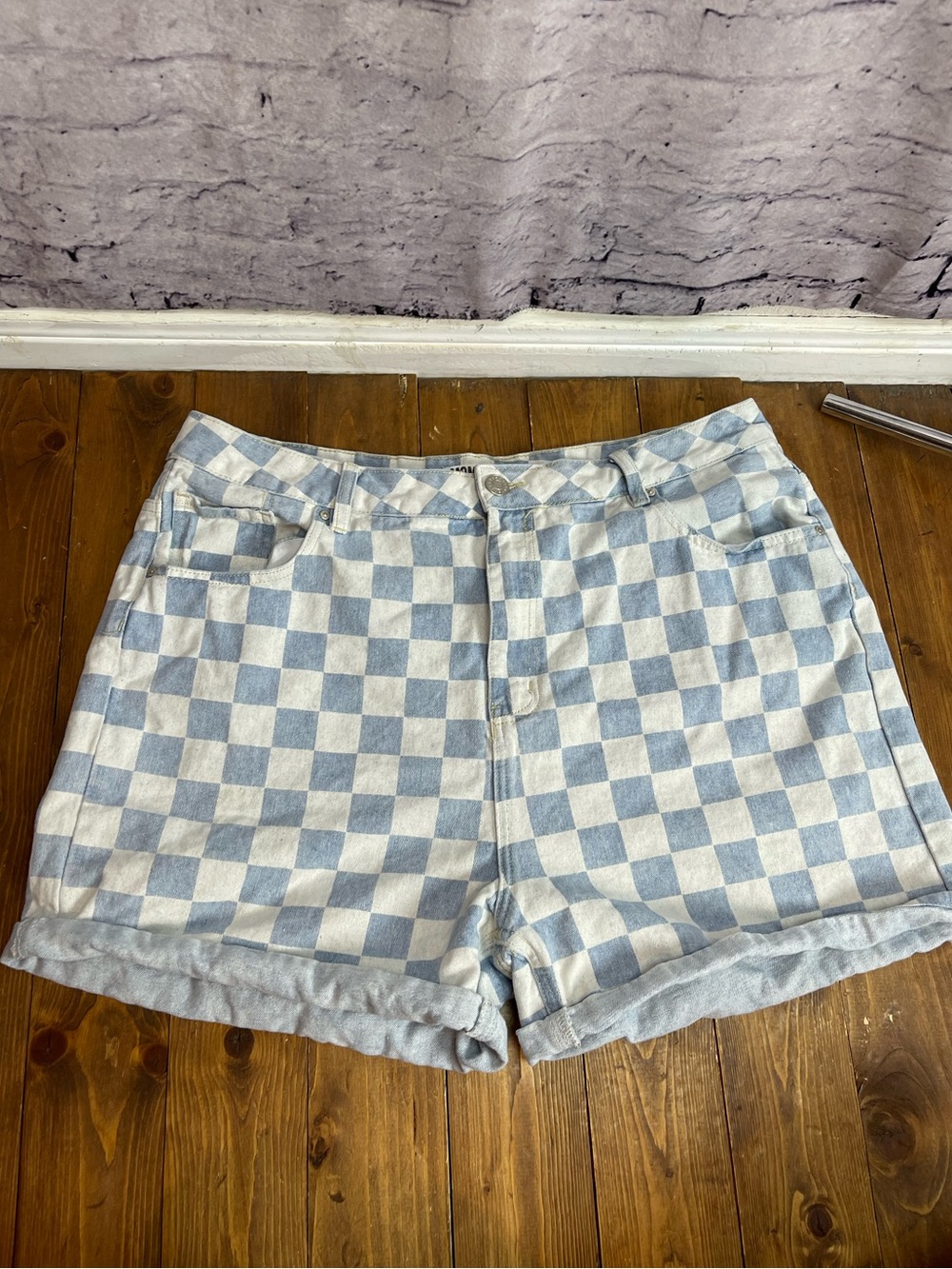 Refuge denim shorts size 15 mom cut blue and white checker board print